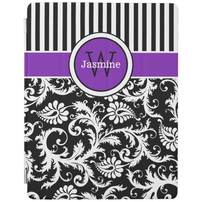 Purple Black White Stripes Damask iPad 2/3/4 Cover (Front)