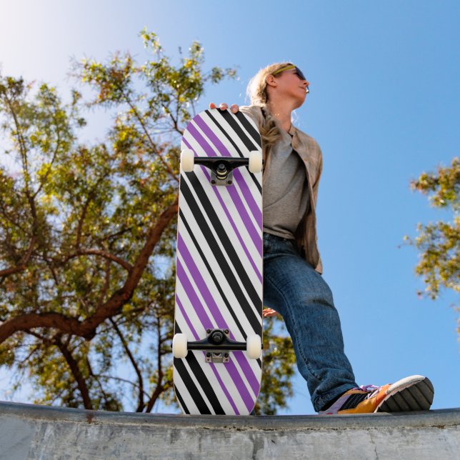 Purple Black White Stripes Pattern Design  Skateboard (Outdoor 1)