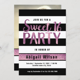 Purple black white sweet sixteen birthday party invitation