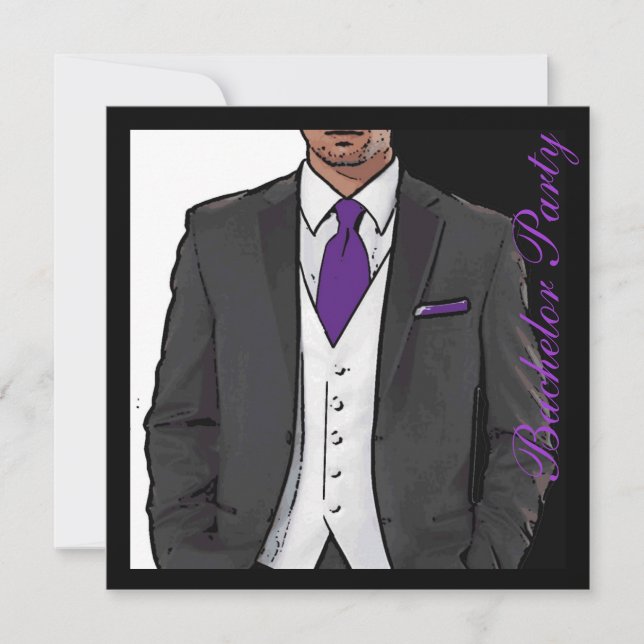 Purple black white tuxedo bachelor party invites (Front)