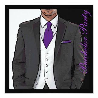 Purple black white tuxedo bachelor party invites
