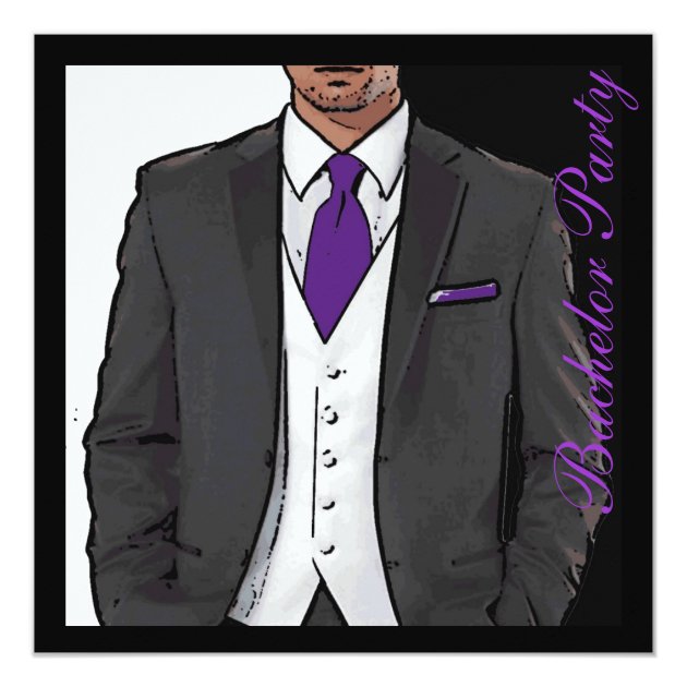 Purple Black White Tuxedo Bachelor Party Invites