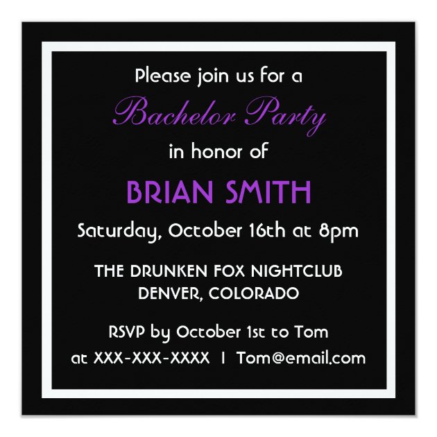Purple Black White Tuxedo Bachelor Party Invites