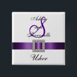 Purple, Black, White Usher Pin<br><div class="desc">Usher Wedding Party Pins with a printed purple satin ribbon and diamond jewel photo. Customize with your names of the bride and groom and monogram initial. Also change the background colours and labels for all your bridal party members. Want a different color ribbon,  please contact luxuryweddinginvitations@gmail.com.</div>