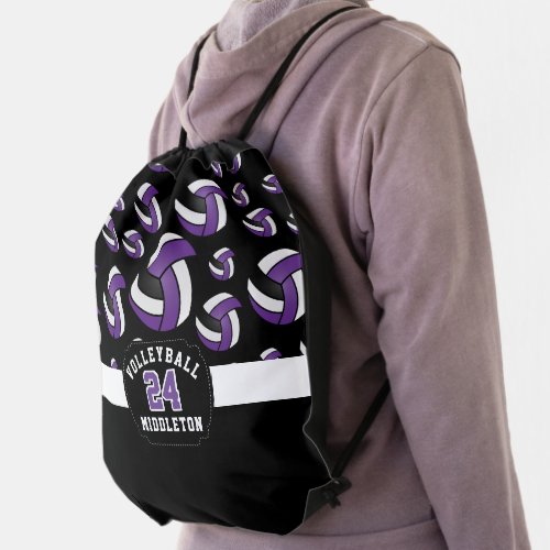 Purple Black  White Volleyball Drawstring Bag