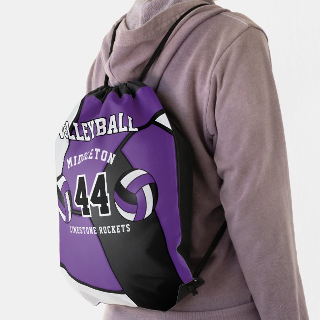 Purple, Black & White Volleyball Sport Drawstring  Drawstring Bag (Insitu)