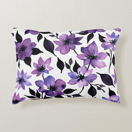 Purple Black White Watercolor Flowers Accent Pillow