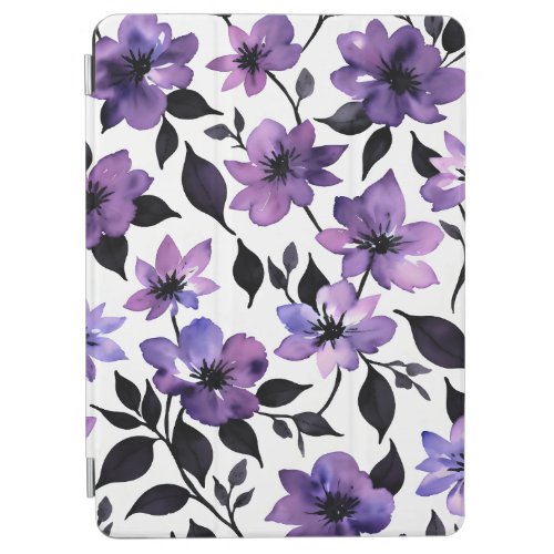 Purple Black White Watercolor Flowers iPad Air Cover