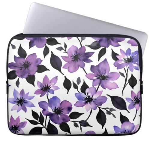 Purple Black White Watercolor Flowers Laptop Sleeve