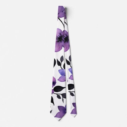 Purple Black White Watercolor Flowers Neck Tie