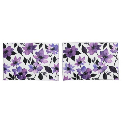 Purple Black White Watercolor Flowers Pillow Case