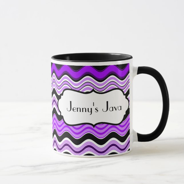 Purple, Black, White Wavy Stripes Personalized Mug (Right)
