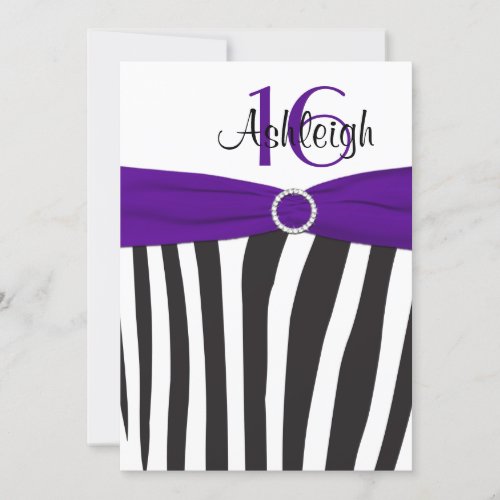 Purple Black White Zebra 16th Birthday Invite