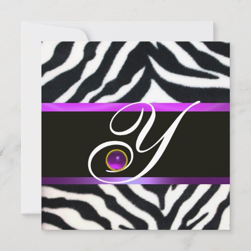 PURPLE BLACK WHITE ZEBRA FUR MONOGRAM amethyst Invitation