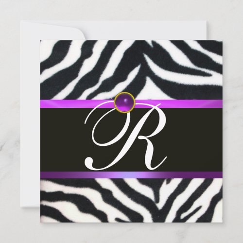 PURPLE BLACK WHITE ZEBRA FUR MONOGRAM amethyst Invitation