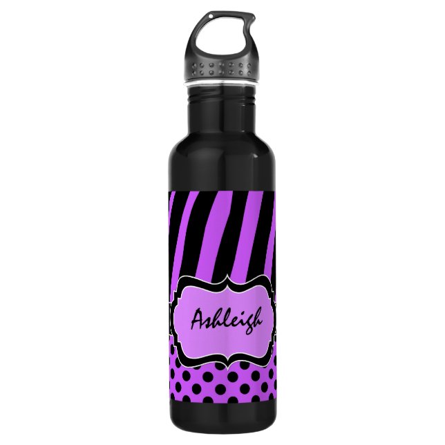 Purple, Black, White Zebra Stripes Water Bottle (Front)