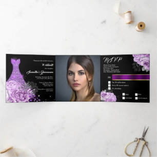 Purple black womans PHOTO rose glitter gown Tri-Fold Invitation