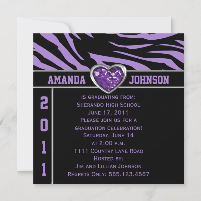 Purple Black Zebra Purple and Silver Heart Jewel Invitation (Front)