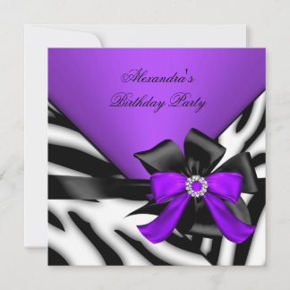 Purple Black Zebra Stripe Bow Birthday Party Invitation