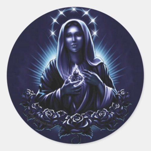 Purple Blessed Virgin Mary and Roses Classic Round Sticker