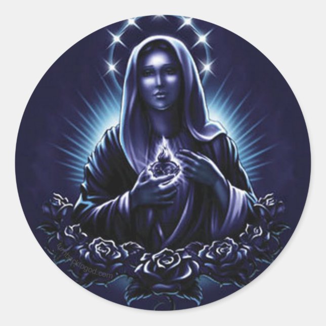 Purple Blessed Virgin Mary and Roses Classic Round Sticker (Front)