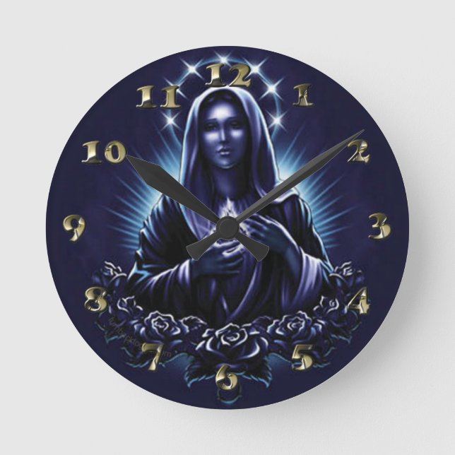 Purple Blessed Virgin Mary and Roses Round Clock (Front)