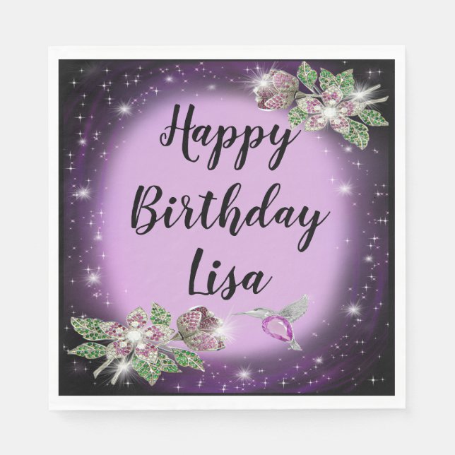 Purple Bling Floral Bird Birthday Napkins (Front)