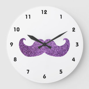 Purple Bling mustache (Faux Glitter Graphic) Large Clock