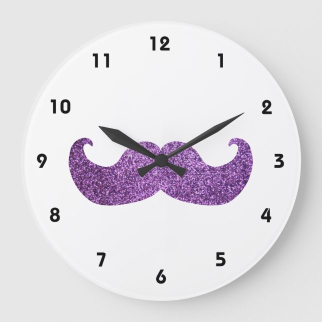 Purple Bling mustache (Faux Glitter Graphic) Large Clock (Front)