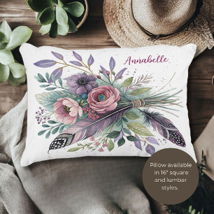 Purple Bliss Floral and Feathers Accent Pillow