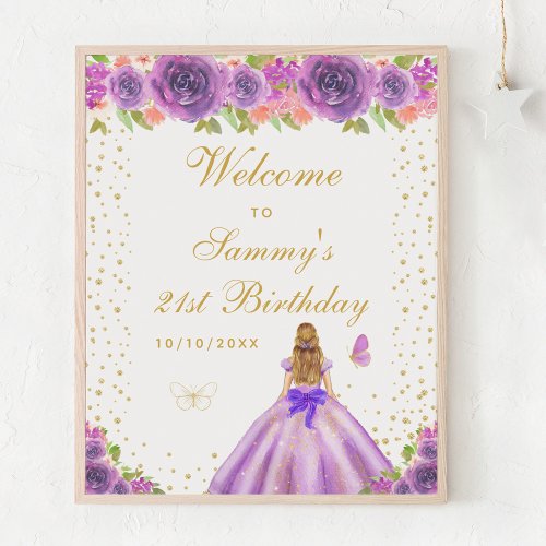 Purple Blonde Hair Girl Birthday Party Welcome Poster