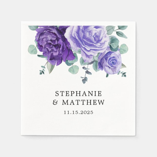 Purple Bloom Eucalyptus Botanical Wedding Napkins (Front)