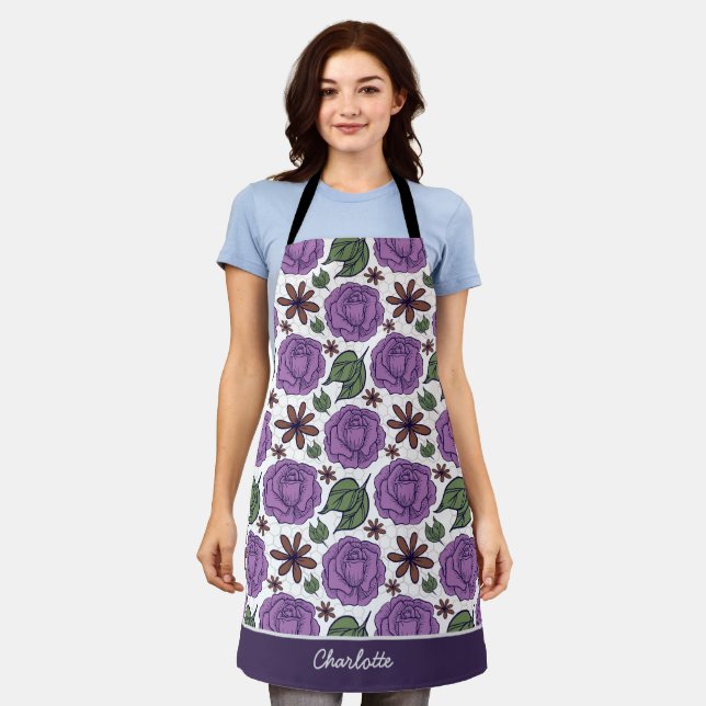 Purple bloom floral seamless pattern personalized  apron (Worn)