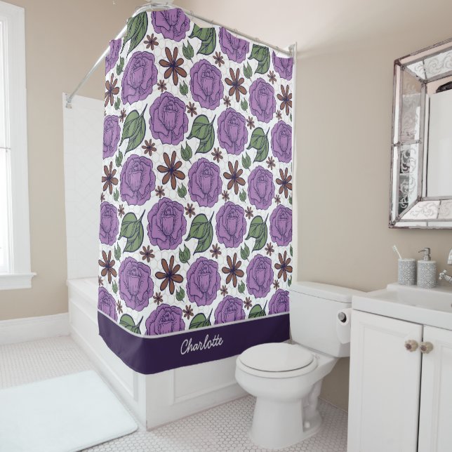Purple bloom floral seamless pattern personalized  shower curtain (In Situ)