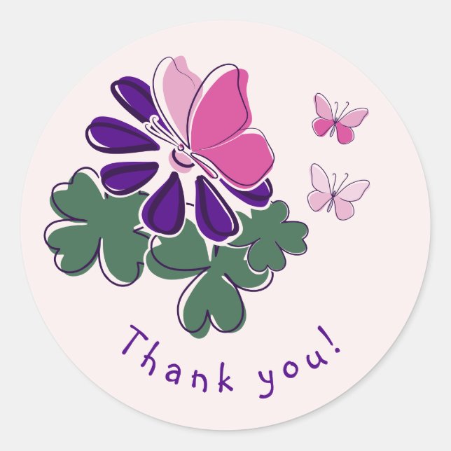 Purple Bloom Pink Butterfly Doodle Thank you! Classic Round Sticker (Front)