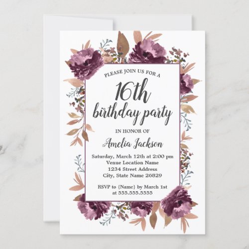Purple Bloom Watercolor 16th Birthday Invitation