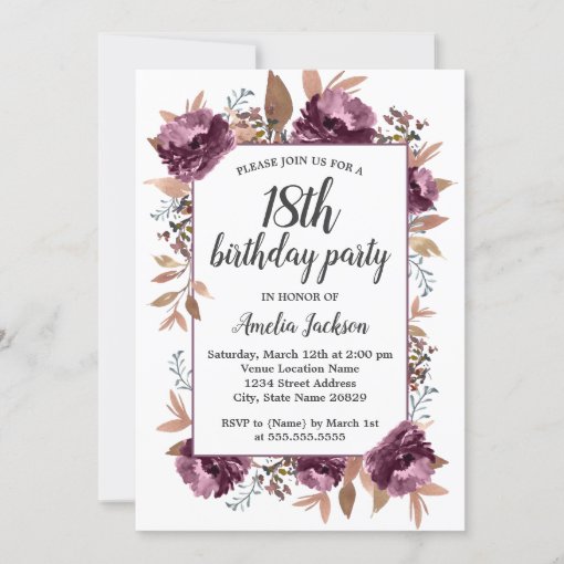 Purple Bloom Watercolor 18th Birthday Invitation | Zazzle