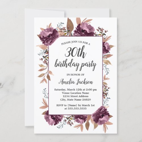 Purple Bloom Watercolor 30th Birthday Invitation