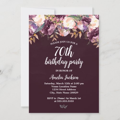 Purple Bloom Watercolor 70th Birthday Invitation