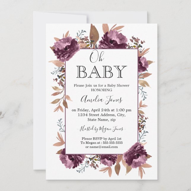 Purple Bloom Watercolor Baby Shower Invitation (Front)