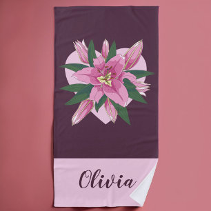 Purple Blooming Lily Sweet Heart Beach Towel
