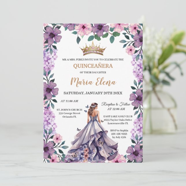 Purple Blooms and Butterflies: Quinceañera Invitation (Standing Front)