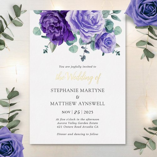 Purple Blooms Eucalyptus Botanical Wedding Foil In Foil Invitation