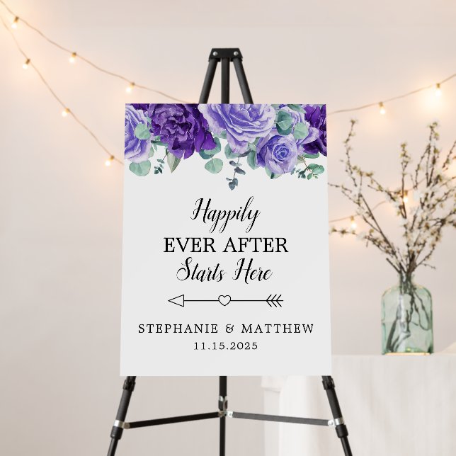 Purple Blooms Happily Ever After Wedding Welcome Foam Board (In Situ (Stand))
