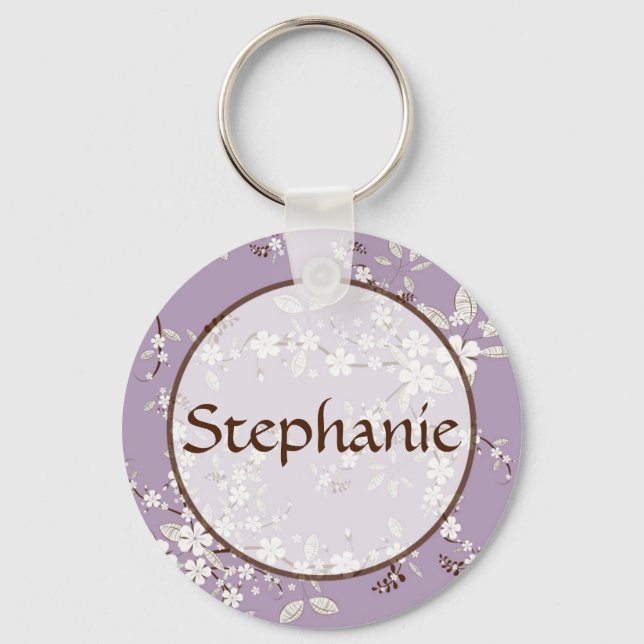 Purple Blossom Customizable Name Button Keychain (Front)