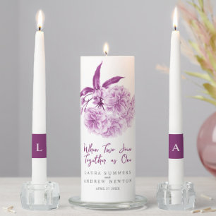 Purple blossom floral watercolor art wedding unity candle set