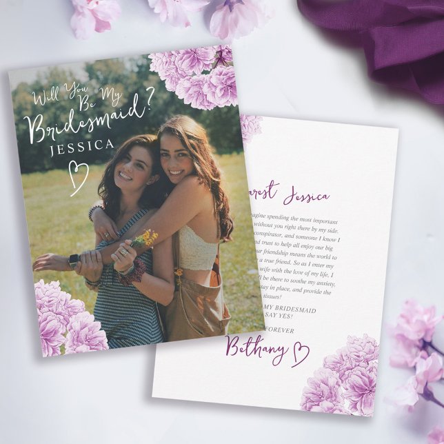 Purple blossom watercolor bridesmaid proposal note card (Creator Uploaded)