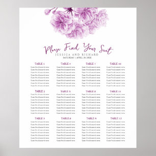 Purple blossom watercolor seating chart wedding