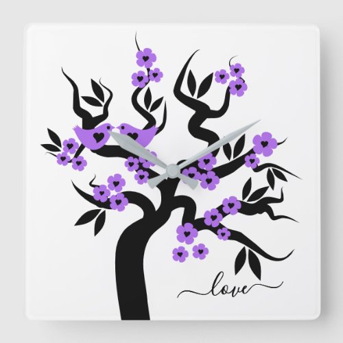 Purple blossoms and Love birds sakura cherry tree Square Wall Clock