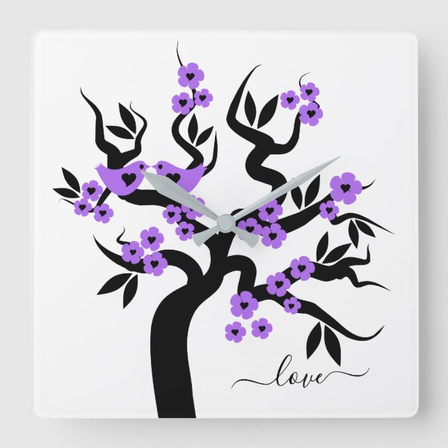 Purple blossoms and Love birds sakura cherry tree Square Wall Clock (Front)
